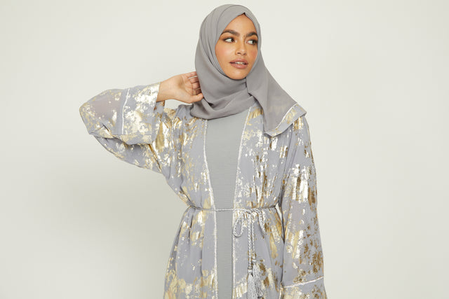 Four Piece Abstract Open Abaya Set - Grey