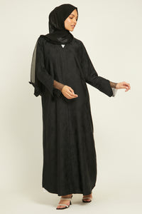 Textured Open Abaya with Embellished Lace Cuffs- Black - Slim Fit
