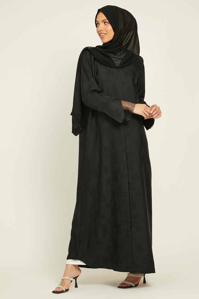 Textured Open Abaya with Embellished Lace Cuffs- Black - Slim Fit