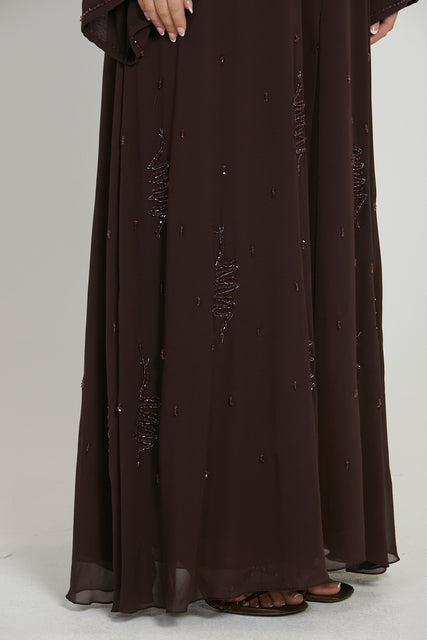Premium Chiffon Embellished Open Abaya - Mahogany