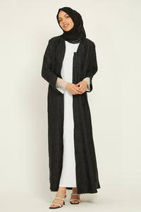 Textured Open Abaya with Embellished Lace Cuffs - White - Slim Fit