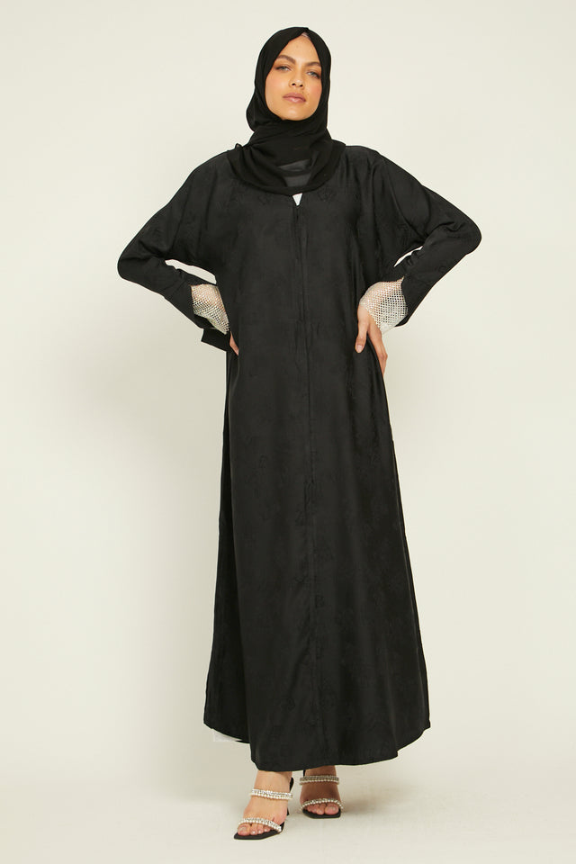 Textured Open Abaya with Embellished Lace Cuffs - White - Slim Fit