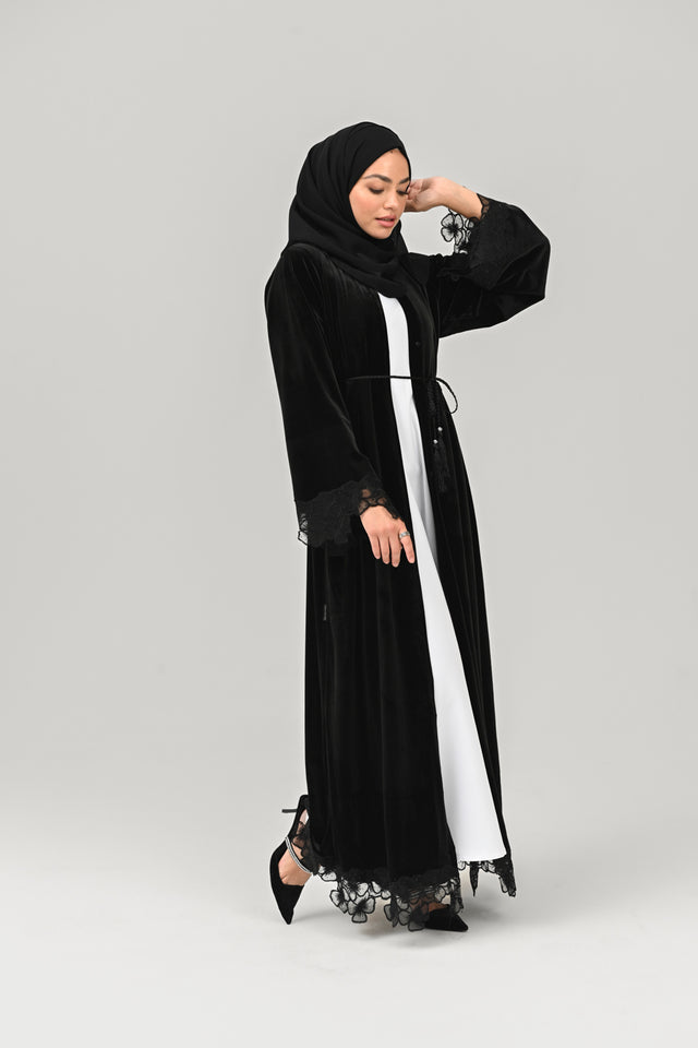 Black Velvet Open Abaya with Floral Lace On Hem and Cuff