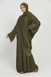 Premium Draped Embellished Closed Abaya - Khaki