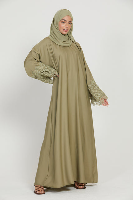 Pistachio Closed Abaya with Embellished Lace Cuff