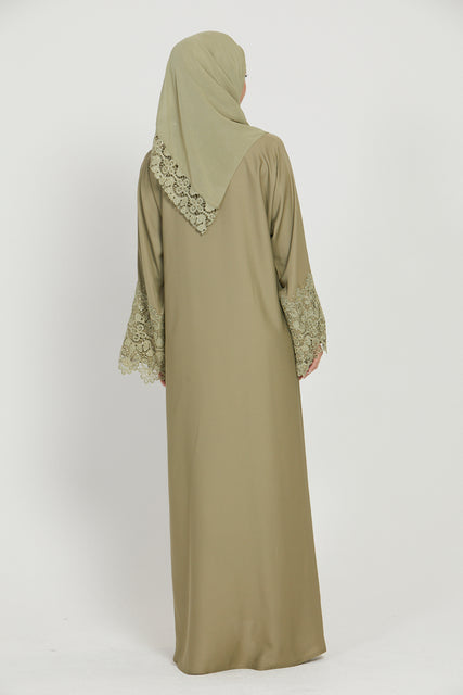 Pistachio Closed Abaya with Embellished Lace Cuff