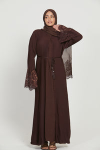 Four Piece Pleated Open Abaya Set with Floral lace Cuff  - Mahogany