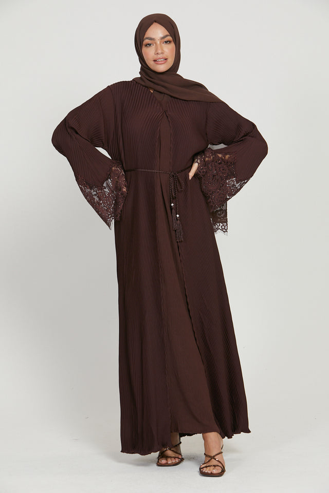Four Piece Pleated Open Abaya Set with Floral lace Cuff  - Mahogany
