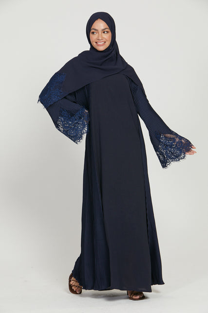 Four Piece Pleated Open Abaya Set with Floral lace Cuff  - Navy