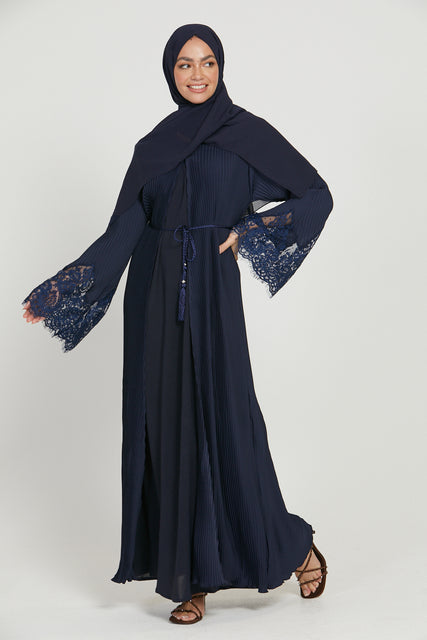 Four Piece Pleated Open Abaya Set with Floral lace Cuff  - Navy