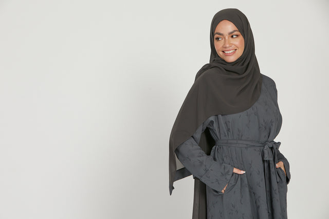 Premium Floral Printed Closed Abaya with Pockets - Charcoal