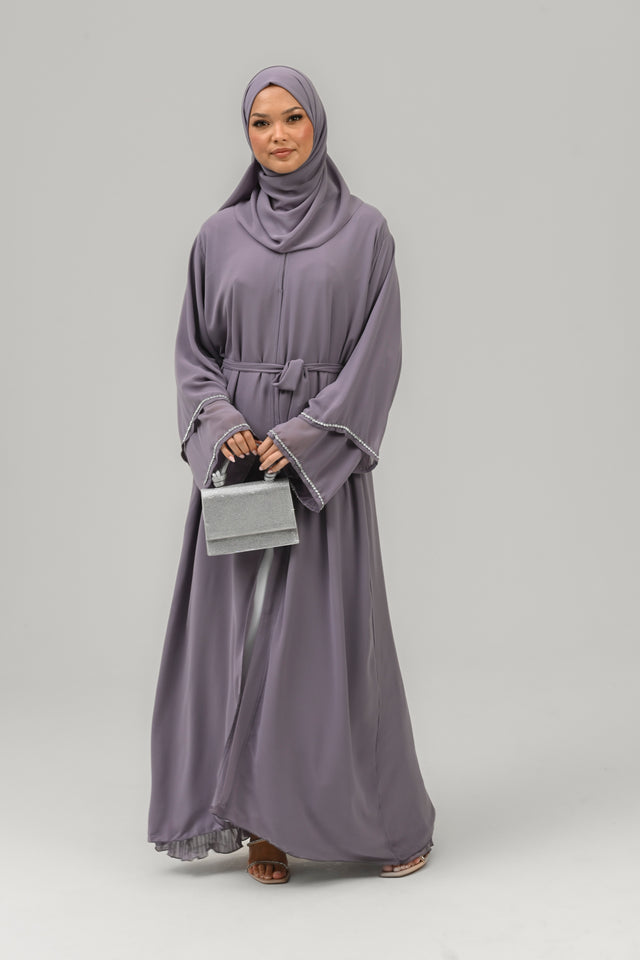 Premium Embellished Chiffon Open Abaya with Pleated Back Detailing  - Lilac