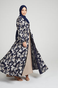Navy Floral Open Abaya With Inner Belt -  Limited Edition
