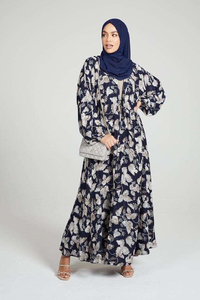 Navy Floral Open Abaya With Inner Belt -  Limited Edition