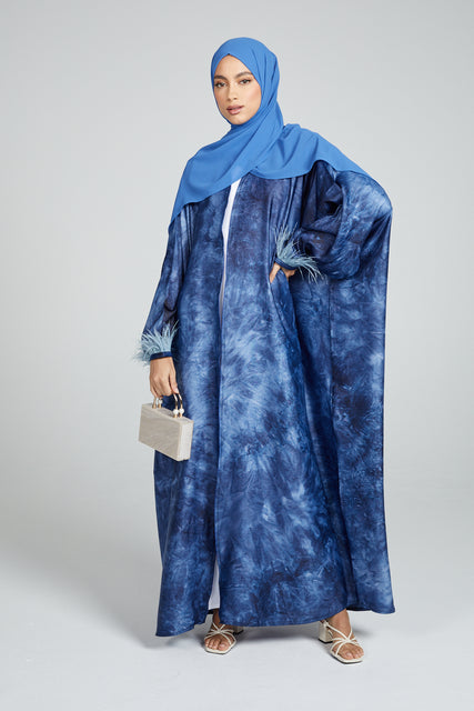 Marble Print Bisht with Feathers- Ocean Blue - Limited Edition