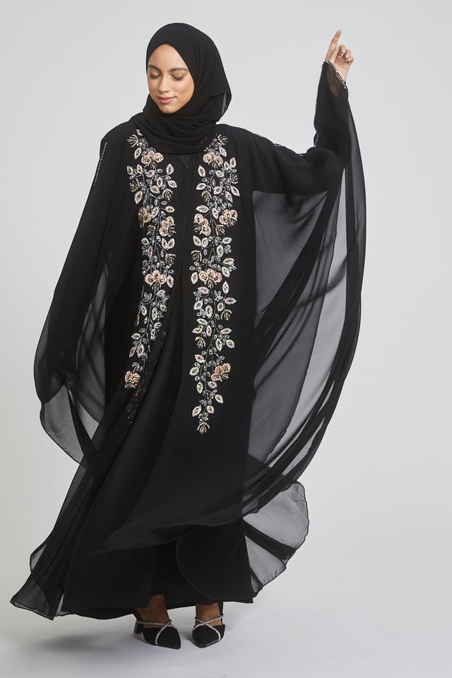 Premium Black Embellished Chiffon Open Farasha with Hood - Rose Petal