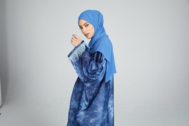 Marble Print Bisht with Feathers- Ocean Blue - Limited Edition