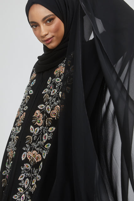 Premium Black Embellished Chiffon Open Farasha with Hood - Rose Petal