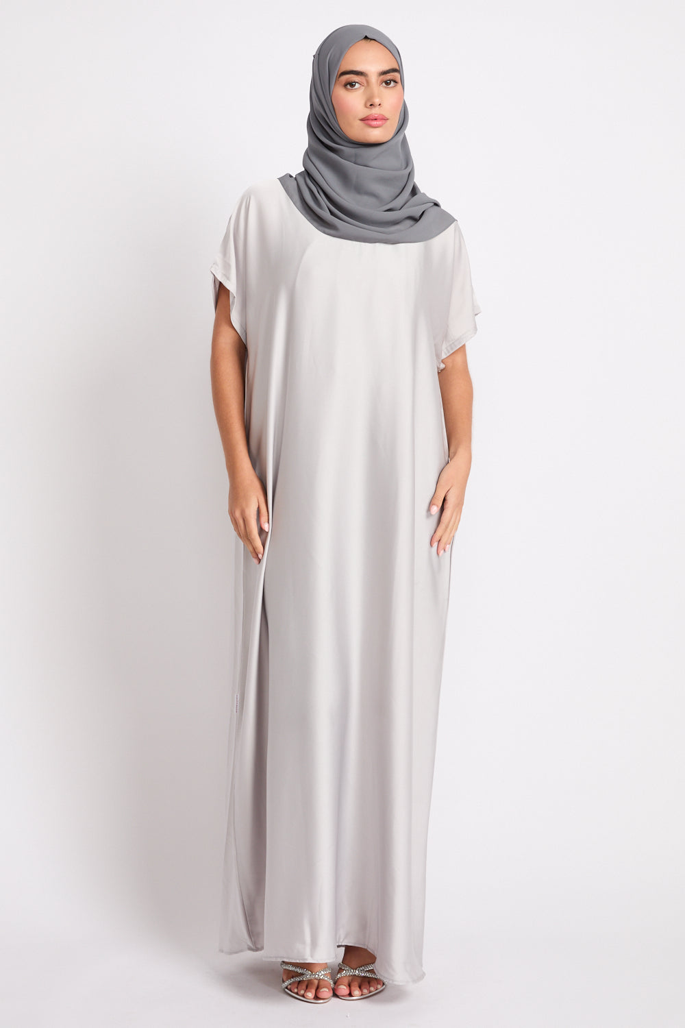 silver abaya dress Yusra Flowy Lightweight Silk Abaya Set