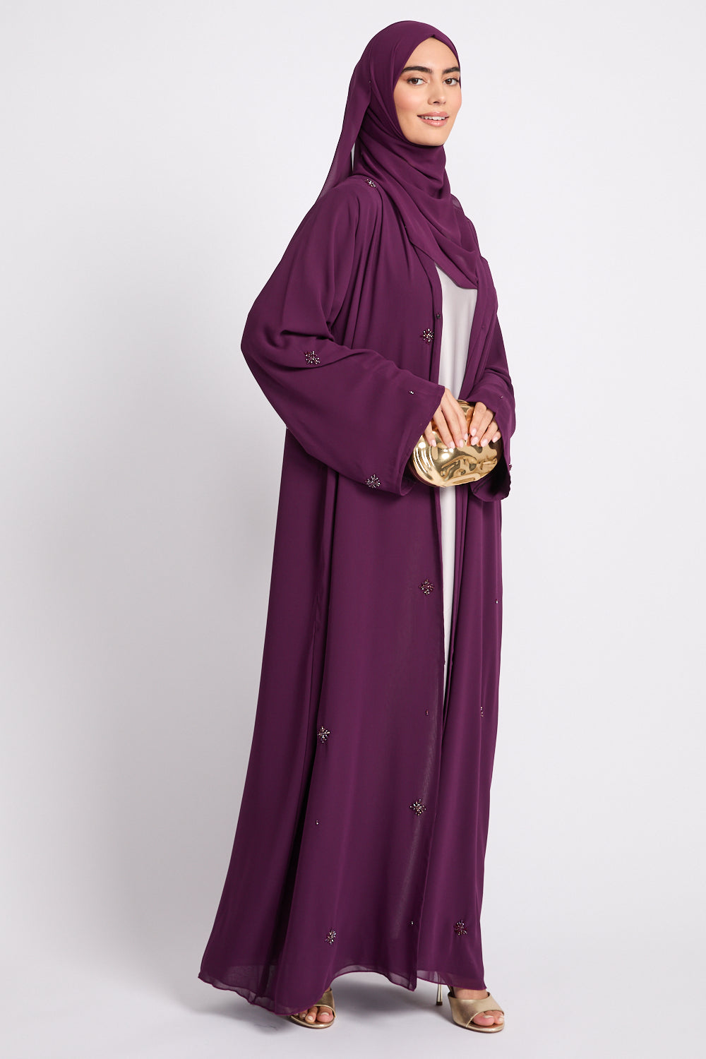 Premium Chiffon Embellished Open Abaya – Royal Mulberry