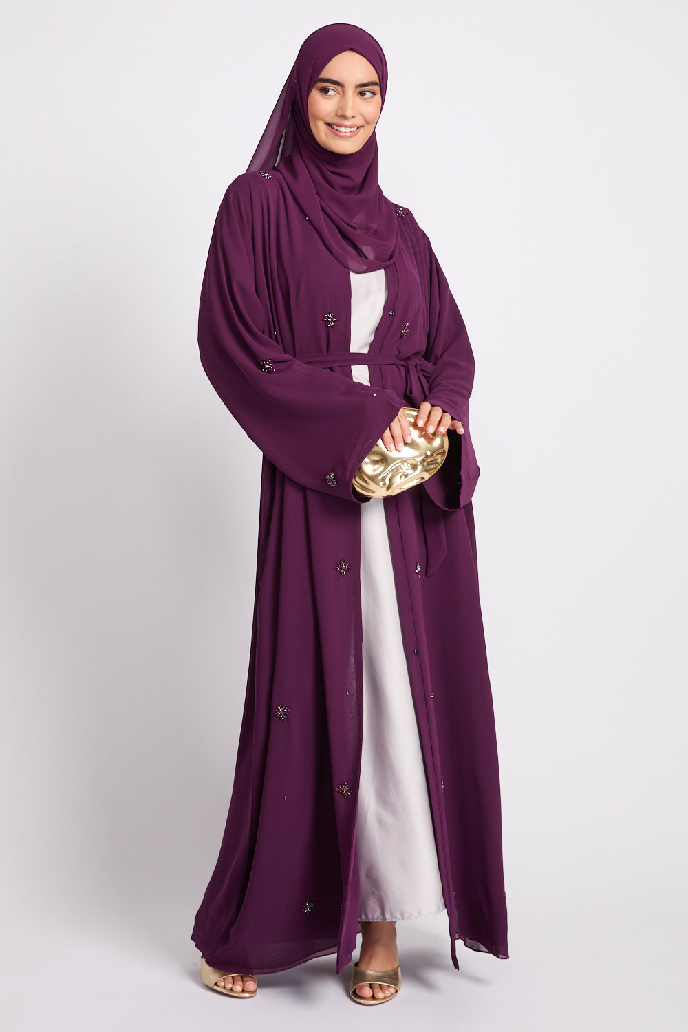 mulberry cotton abaya dress product info and reviews Mulberry Fathiya Open Front Abaya In Nida