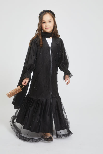 Junior Girls Tulle Open Abaya with Pearls and Frills - Black