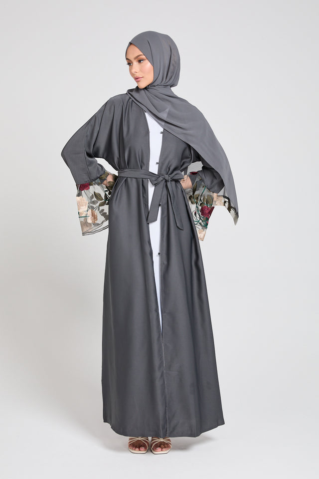 Blooming Floral Cuff Open Abaya - Grey