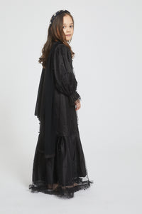 Junior Girls Tulle Open Abaya with Pearls and Frills - Black