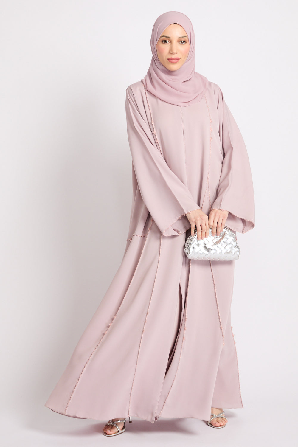 dusty pink abaya dress Dusty Pink Embellished Abaya Set for Women Luxury Open Kaftan with I FineLook