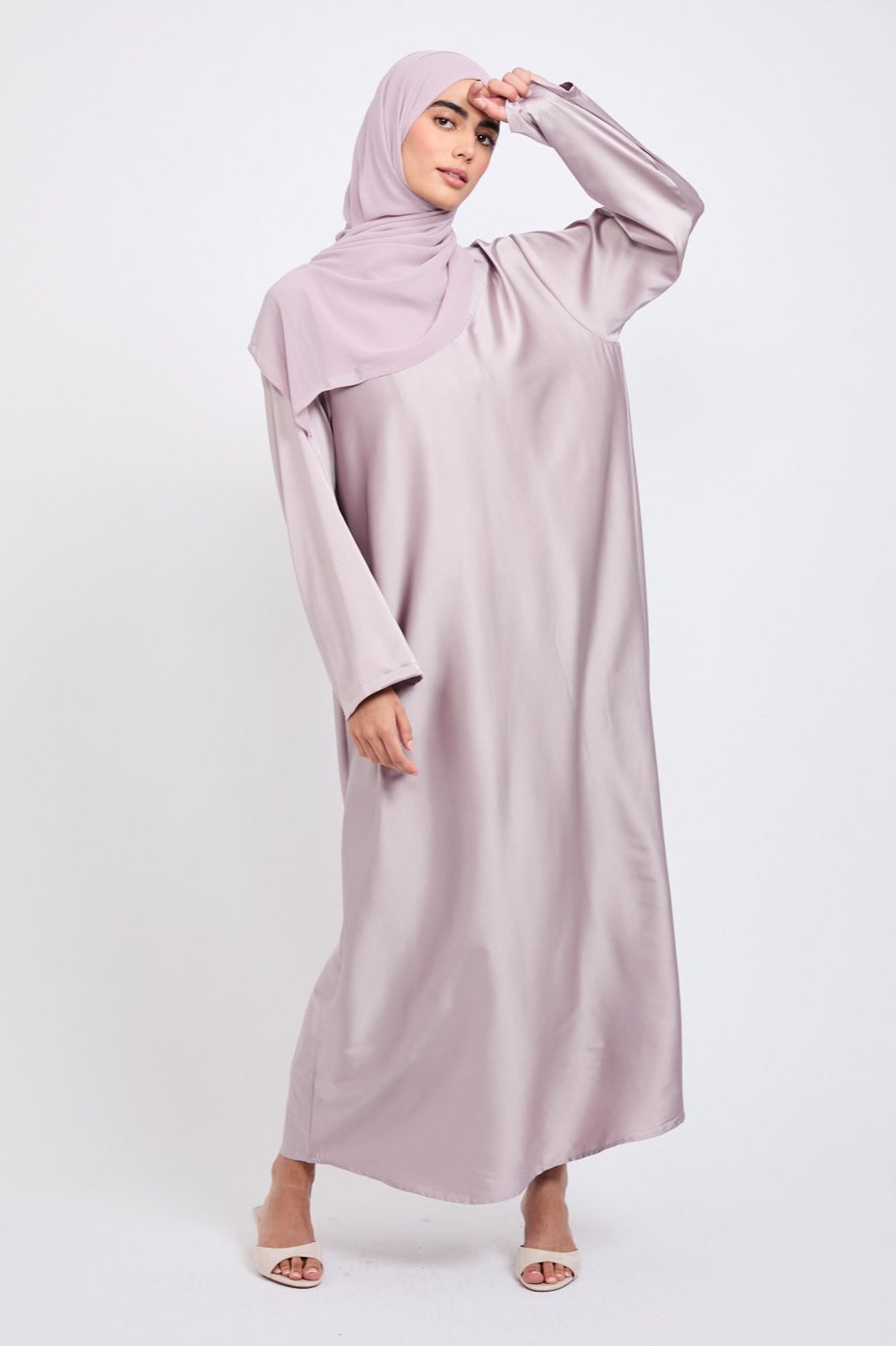 Long Sleeve Light Pink Abaya Slip Dress Satin Inner Slip Dress