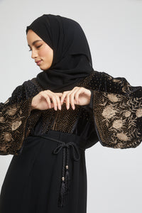 Premium Golden Dust Floral Embellished Velvet Closed Abaya