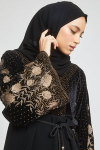 Premium Golden Dust Floral Embellished Velvet Closed Abaya - Slim Fit