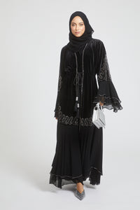 Premium Silver Embellished Velvet and Chiffon Open Abaya