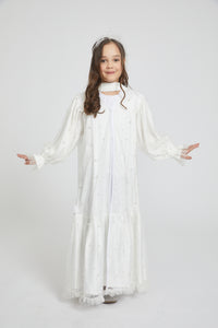 Junior Girls Tulle Open Abaya with Pearls and Frills - Off White