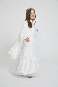 Junior Girls Tulle Open Abaya with Pearls and Frills - Off White