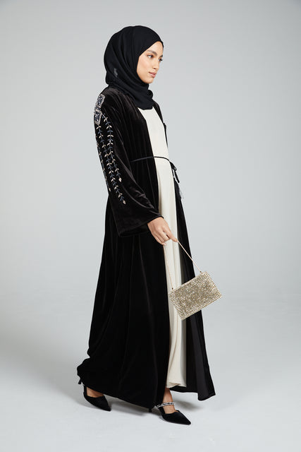 Diamante Embellished Black Velvet Open Abaya