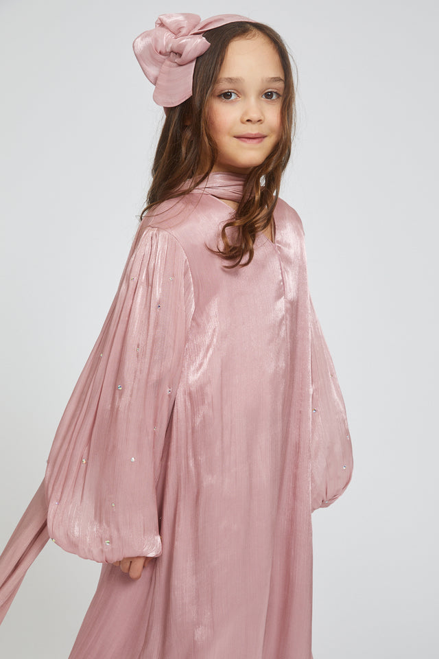 Junior Girls Premium Organza Frost Dainty Embellished Closed Abaya - Misty Rose
