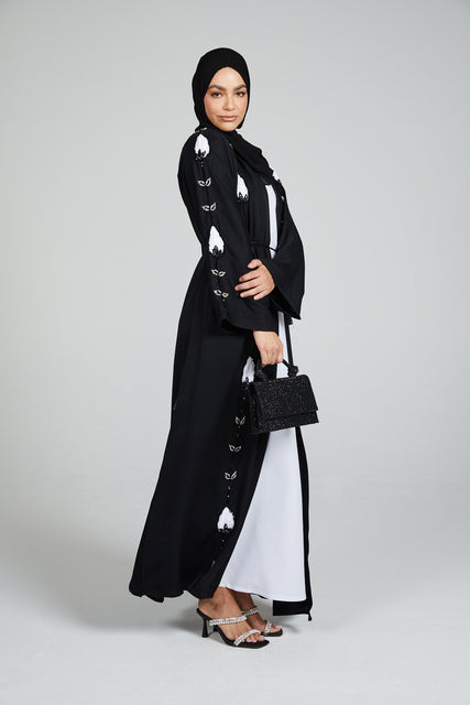 Black Open Abaya with White Embellished Motifs