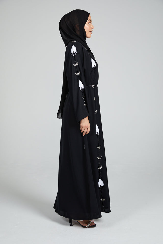 Black Open Abaya with White Embellished Motifs