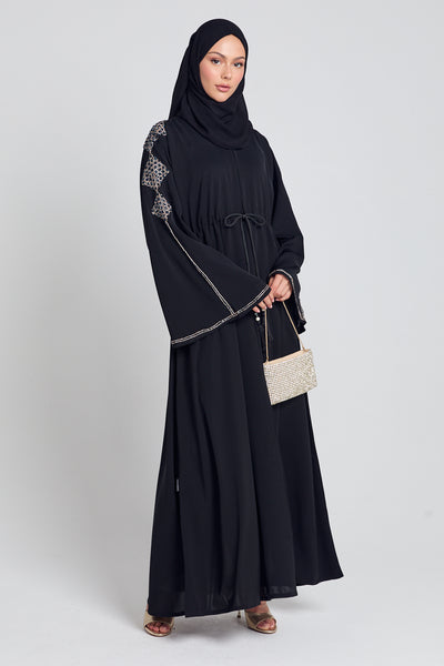 Luxury Crystal Black Open Abaya with Inner Belt- Diamond Detailing ...