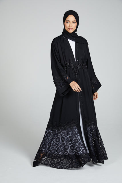 Black Embellished Open Abaya With Lace Hem and Cuff