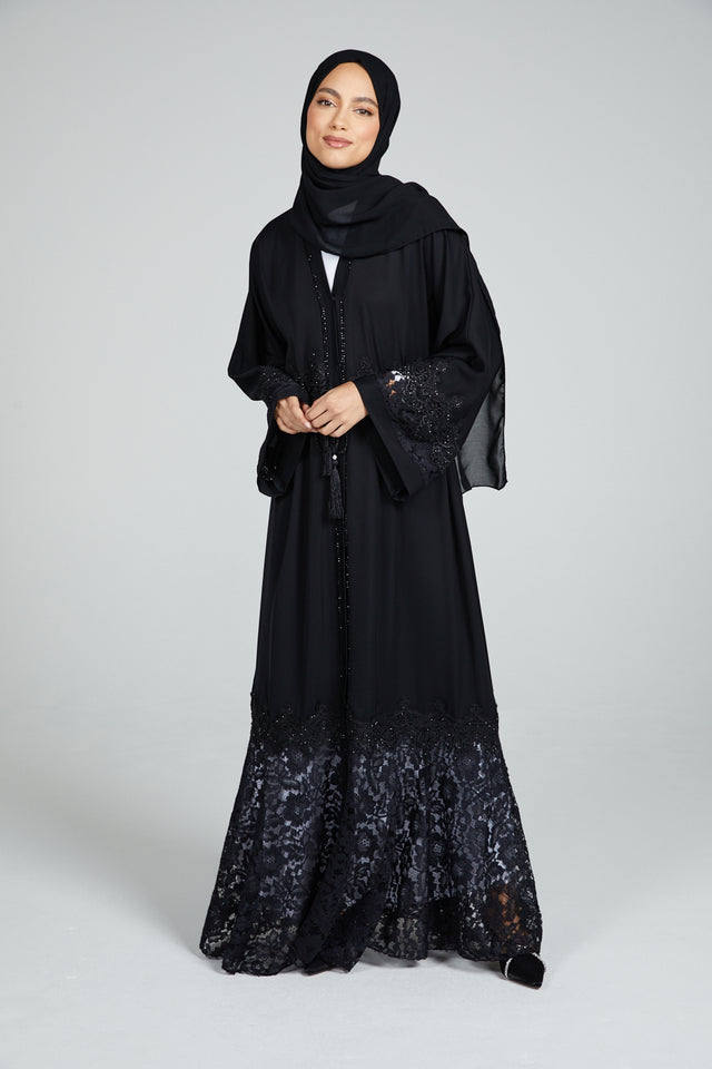Black Embellished Open Abaya With Lace Hem and Cuff