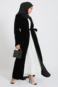 Linen Blend Open Abaya With Pockets - Cafe Mauve