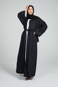 Floral Printed Open Abaya with Folded Cuffs - Black