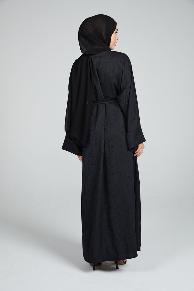 Floral Printed Open Abaya with Folded Cuffs - Black