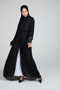 Premium Embellished Chiffon Open Abaya with Pleated Back Detailing - Black