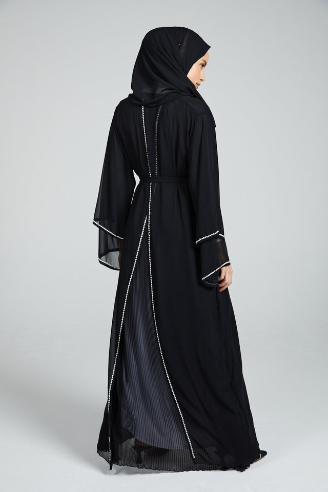 Premium Embellished Chiffon Open Abaya with Pleated Back Detailing - Black