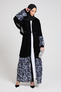 Luxury Night Shadow Floral Velvet Open Abaya - LIMITED EDITION