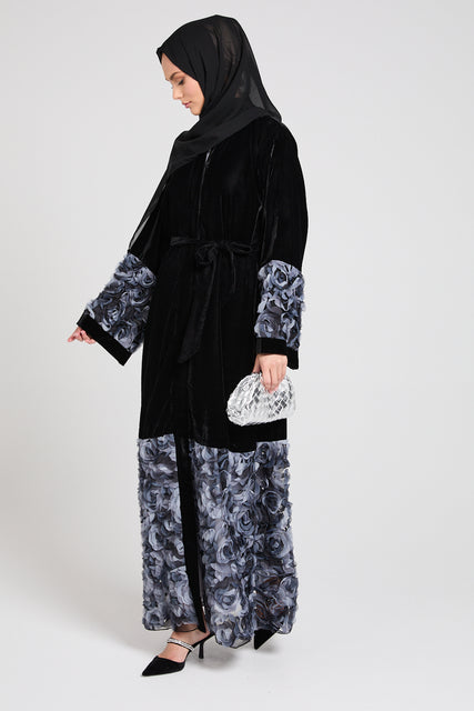 Luxury Night Shadow Floral Velvet Open Abaya - LIMITED EDITION