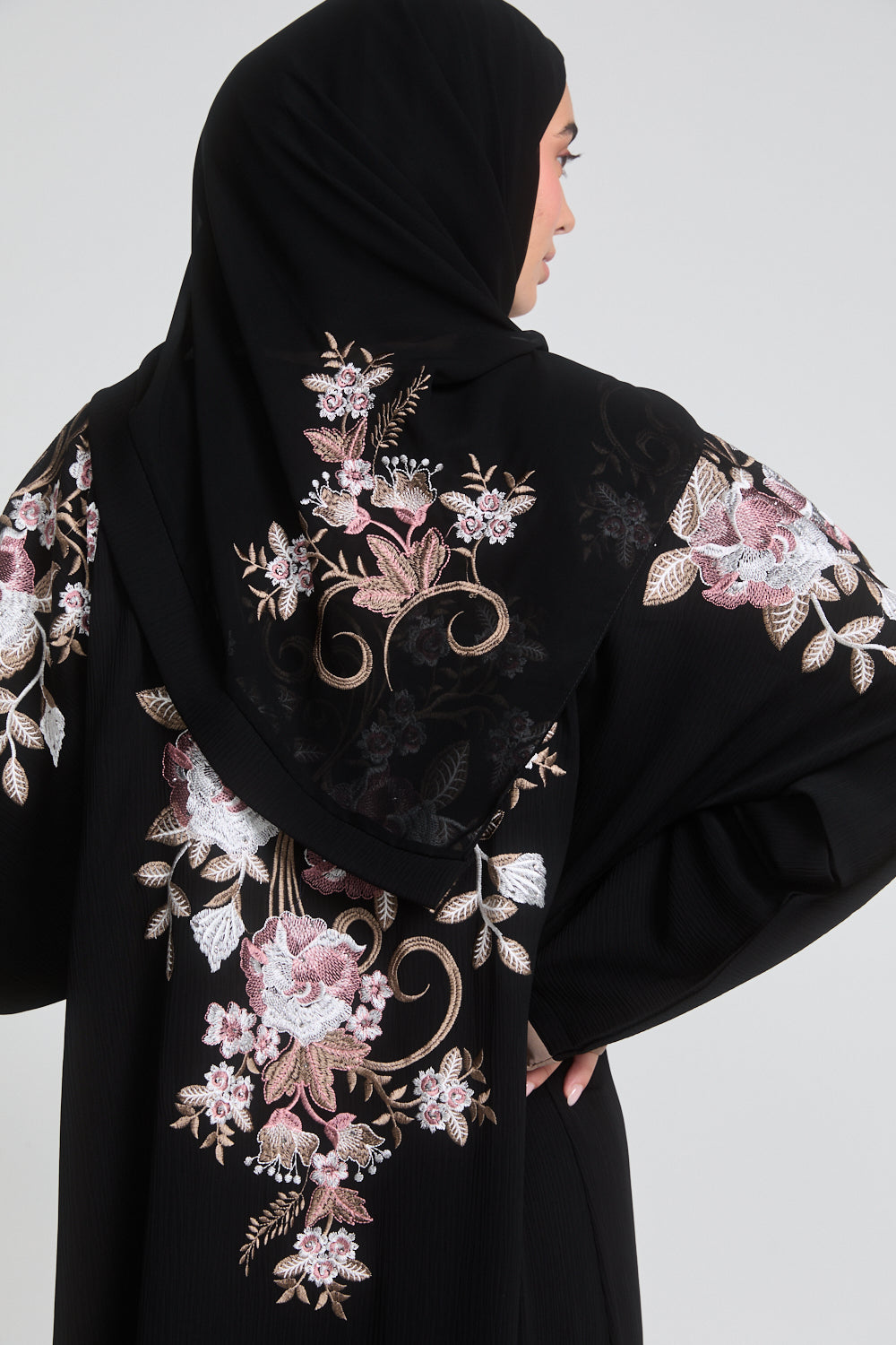 Normal Abaya Premium Textured Floral Embroidered Open Abaya - Black – AbayaButh